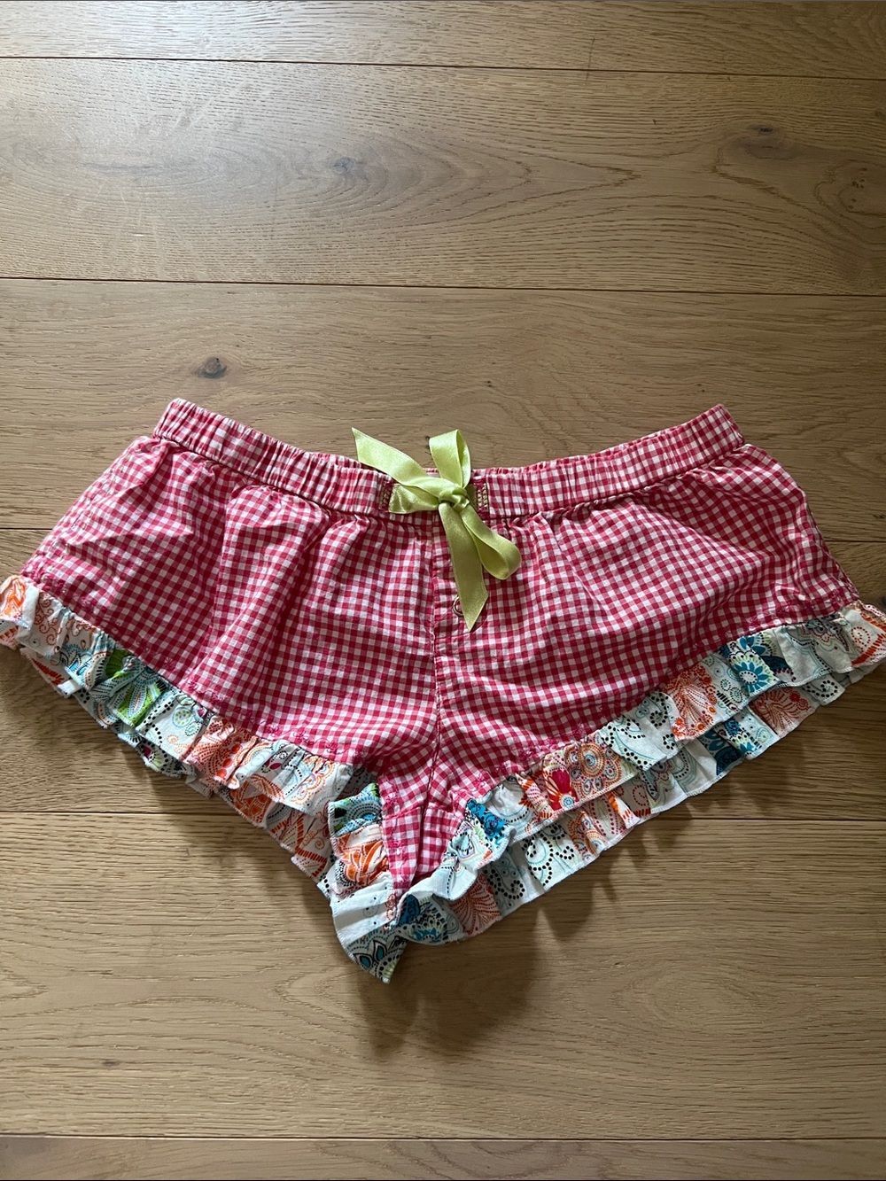 Free People Gingham Ruffle-Trim Sleep Shorts with Lime Bow